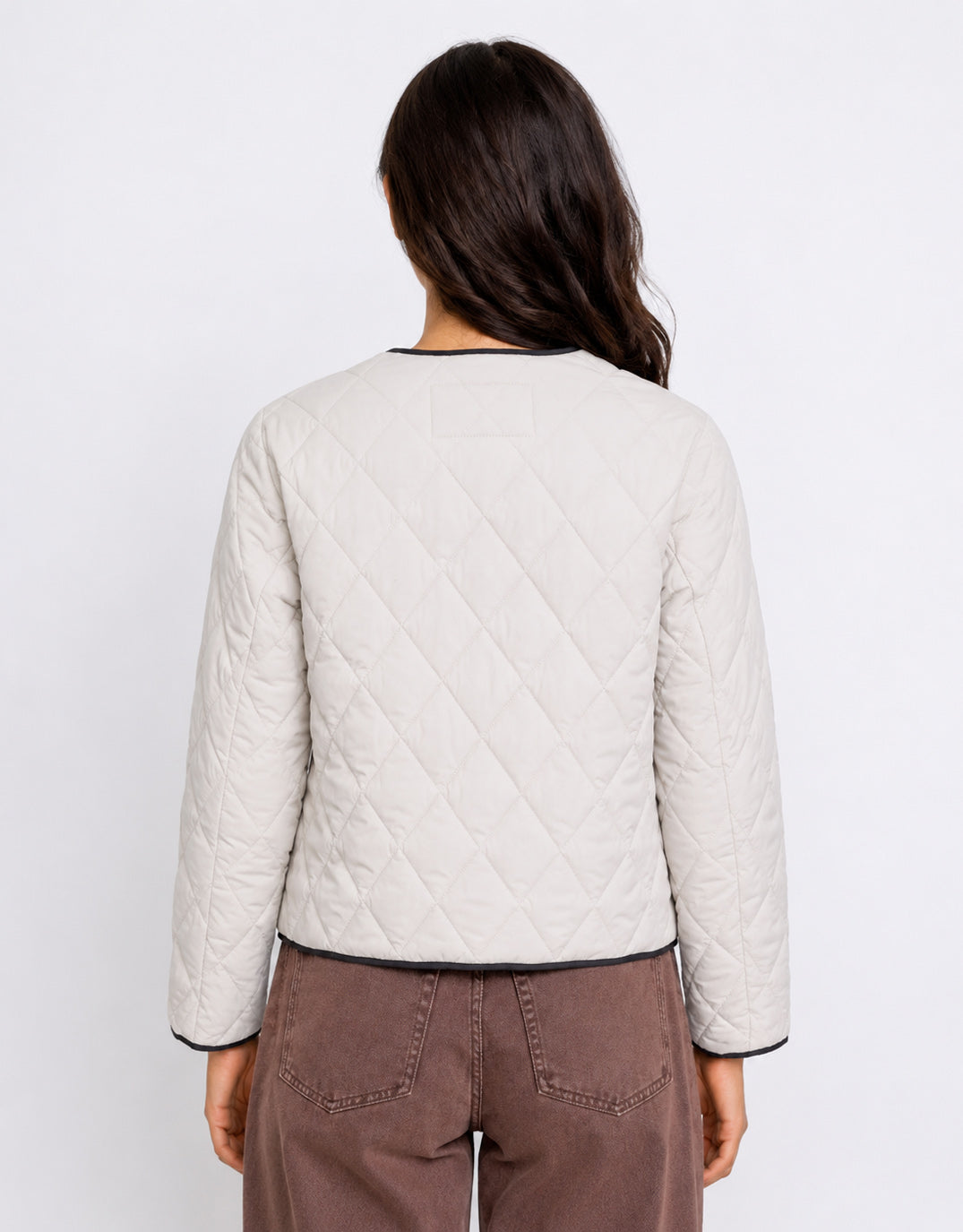 Stories Be Told Apex Collarless Quilted Contrast Piping Puffer Jacket (Bone)