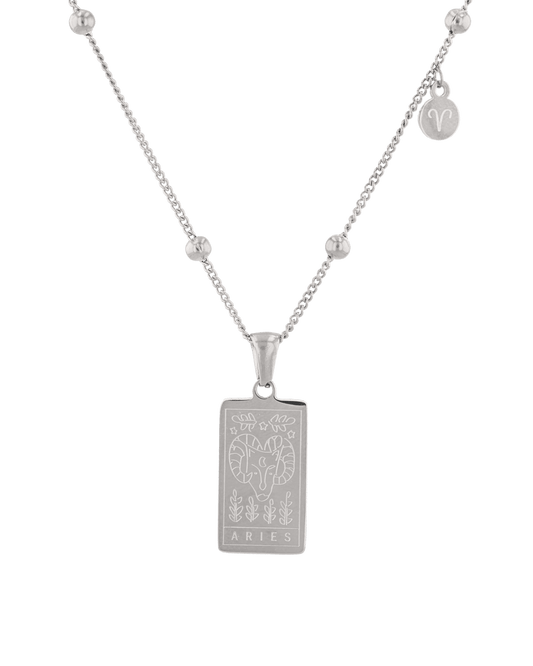 Image of Necklaces. Product name - Aries Silver Zodiac Tag Necklace in colour by brand - LAVANA