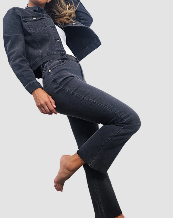 Image of a model wearing Pants. Product name - Layla Jean 82 Washed Black in 82 Washed Black colour by brand - Sass Clothing