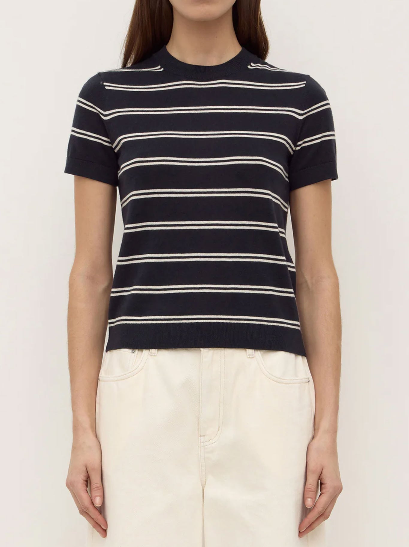 Image of a model wearing Outerwear. Productname: ASSEMBLY LABEL ALLISON STRIPE COTTON CASHMERE TEE in Navy/Cream colour by brand - Assembly Label