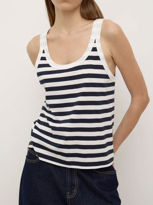 Image of a model wearing Tops. Productname: ASSEMBLY LABEL ADRIA STRIPE JERSEY TANK in White Navy colour by brand - Assembly Label
