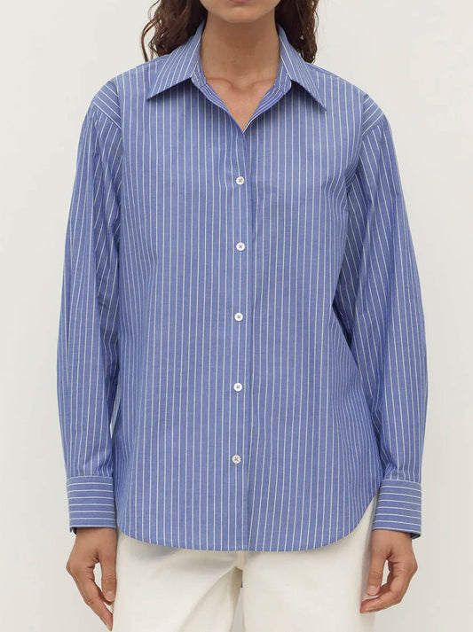 Image of a model wearing Tops. Productname: ASSEMBLY LABEL ANAIS STRIPE LONG SLEEVE SHIRT in Blue White Stripe colour by brand - Assembly Label