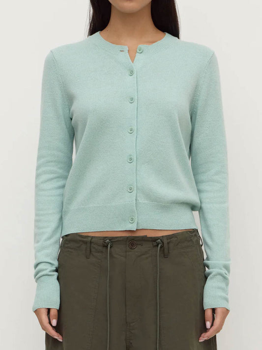 Image of a model wearing Outerwear. Product name - ASSEMBLY LABEL BENNY KNIT CARDIGAN in Mint colour by brand - Assembly Label