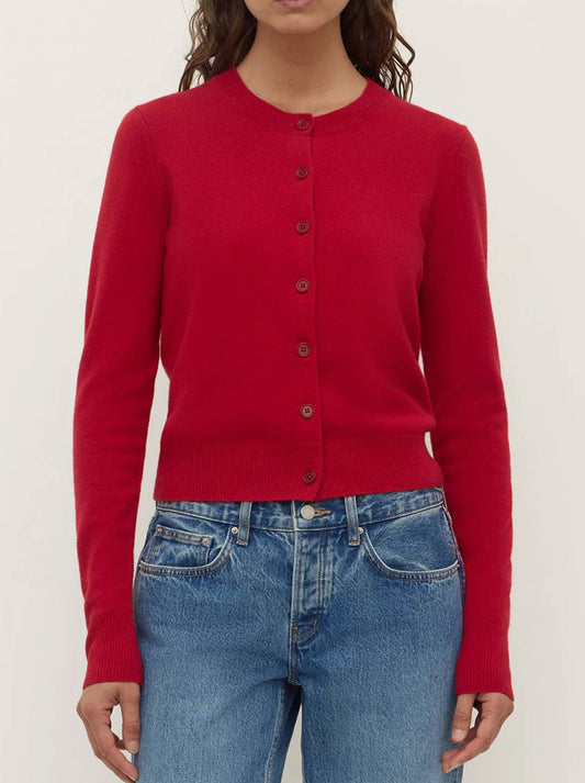 Image of a model wearing Outerwear. Productname: ASSEMBLY LABEL BENNY KNIT CARDIGAN in Mulberry colour by brand - Assembly Label