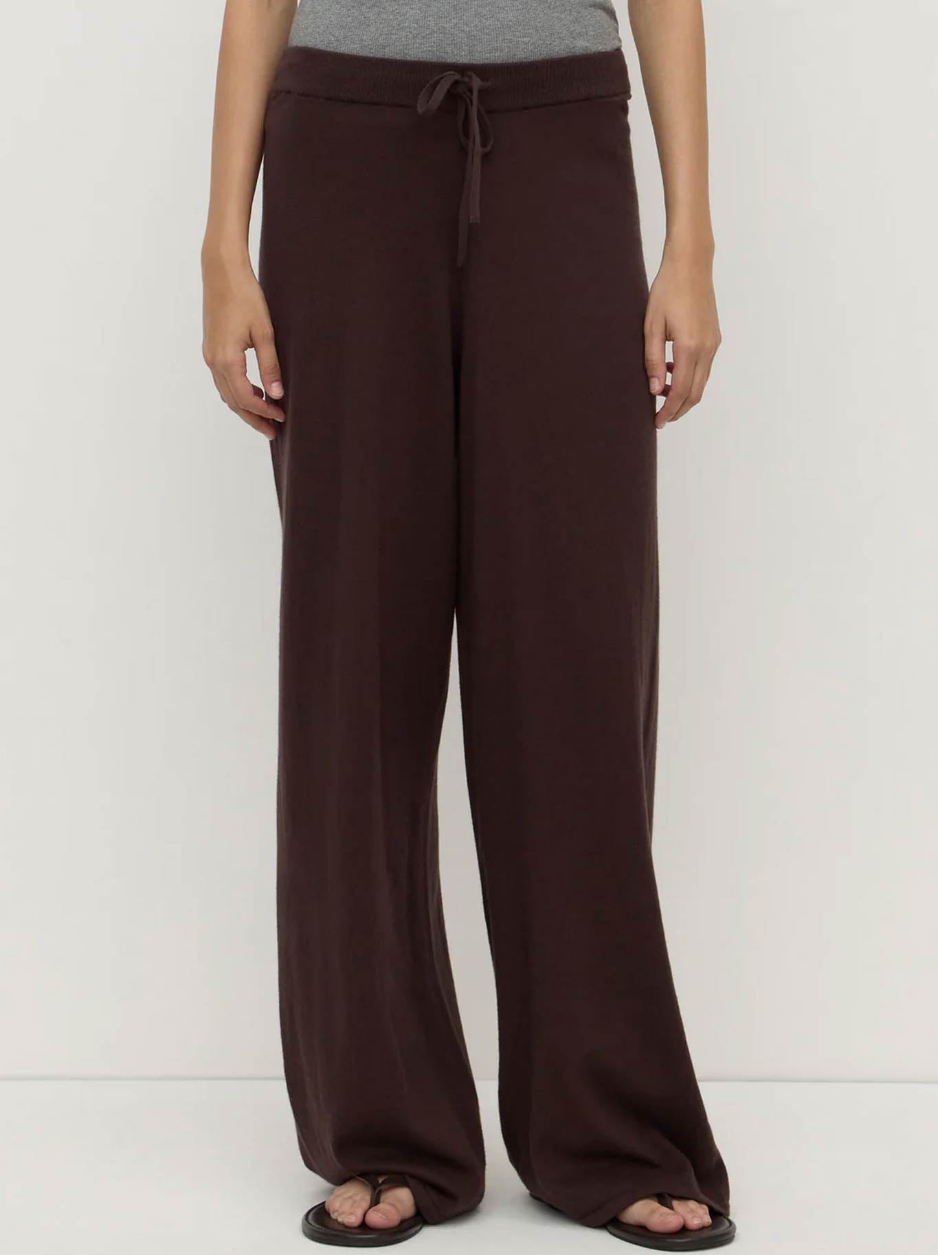 Image of a model wearing Pants. Product name - ASSEMBLY LABEL COTTON CASHMERE LOUNGE PANT in Ganache colour by brand - Assembly Label