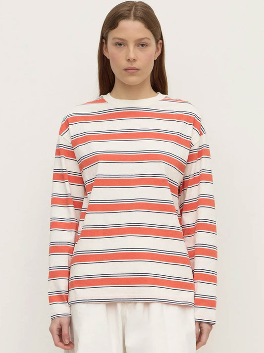 Image of a model wearing Tops. Product name - ASSEMBLY LABEL ELIANA STRIPE LONG SLEEVE TEE in Dahlia colour by brand - Assembly Label