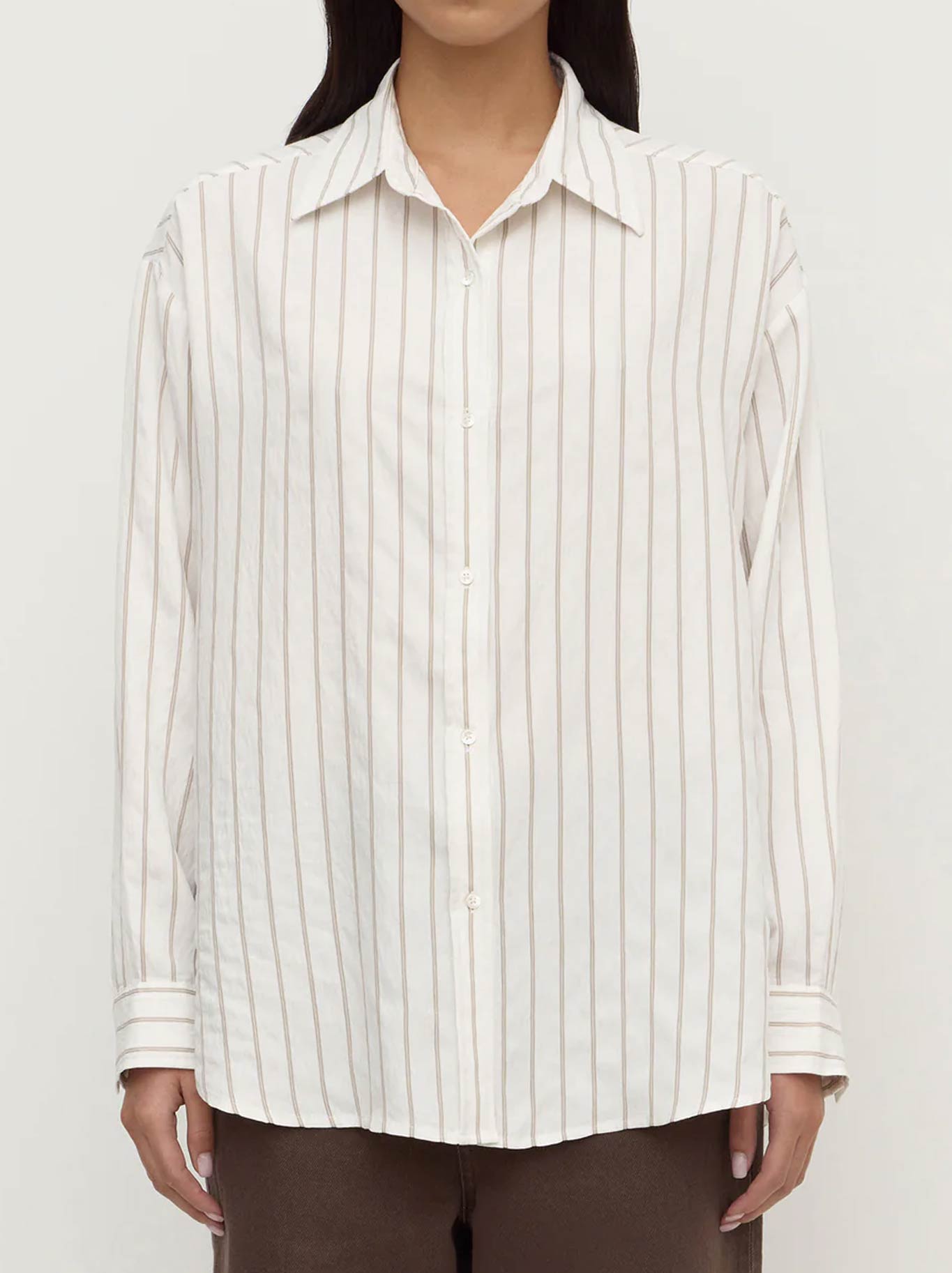Image of Shirts. Product name - ASSEMBLY LABEL MAEVE LONGLINE SHIRT in Stripe colour by brand - Assembly Label