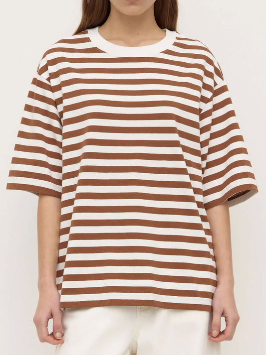 Image of a model wearing Tops. Productname: ASSEMBLY LABEL MONTE STRIPE COTTON TEE in Earth White colour by brand - Assembly Label