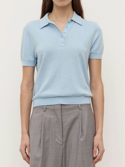 Image of a model wearing Tops. Productname: ASSEMBLY LABEL SLOANE CASHEMERE POLO in Salt colour by brand - Assembly Label