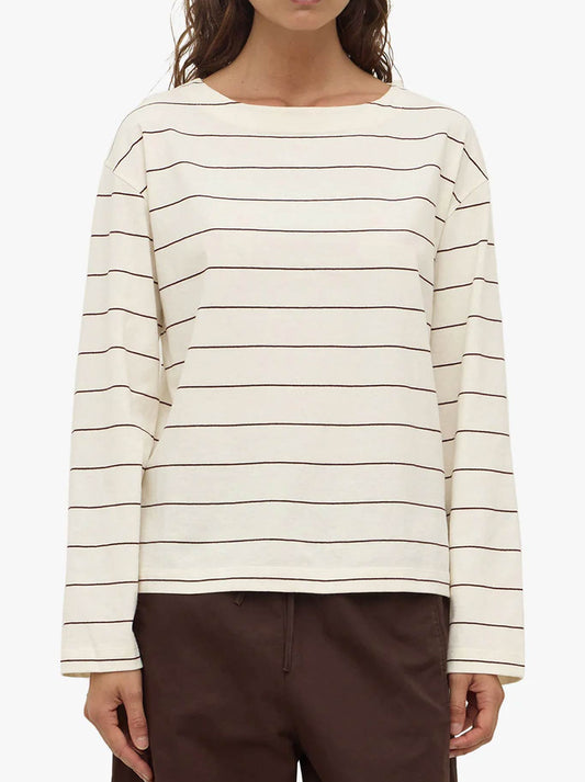 Image of a model wearing Tops. Productname: ASSEMBLY LABEL SCOUT LONG SLEEVE TEE in Cream Mulberry colour by brand - Assembly Label