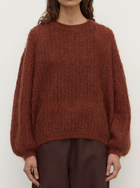 Image of a model wearing Outerwear. Product name - ASSEMBLY LABEL TULSA MOHAIR KNIT in Amber colour by brand - Assembly Label