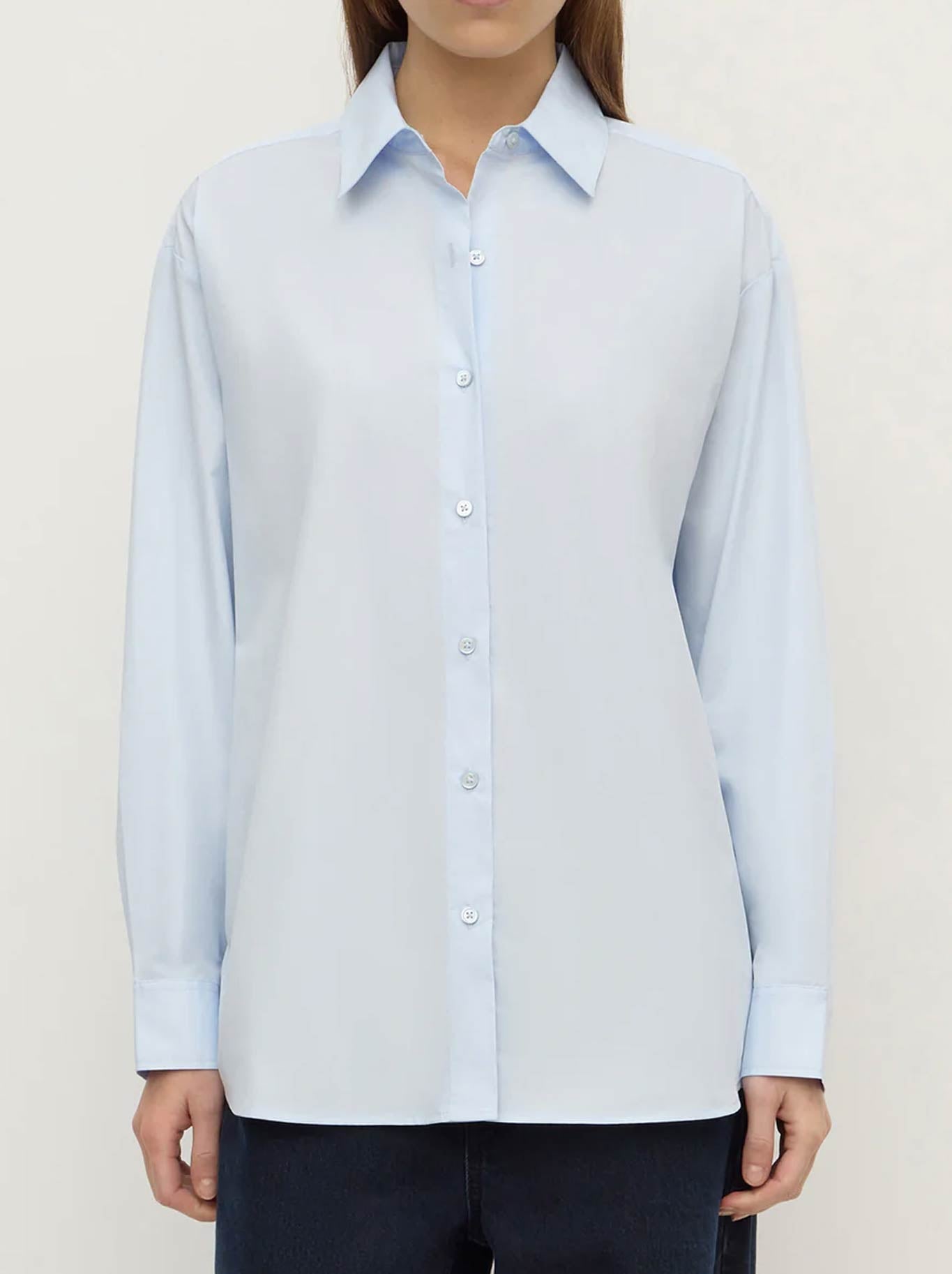 Image of a model wearing Tops. Product name - ASSEMBLY LABEL MICHA POPLIN LONG SLEEVE SHIRT in Powder Blue Grey colour by brand - Assembly Label