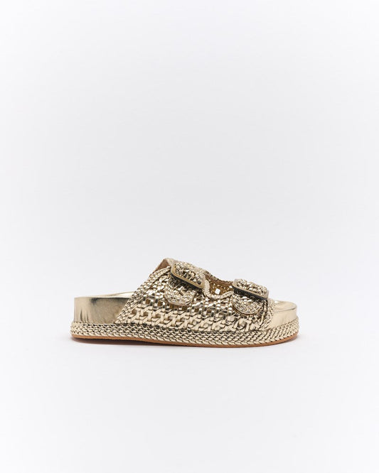 Image of Slippers. Productname: Walnut Melbourne Aura Slide in Soft Gold colour by brand - Walnut Melbourne