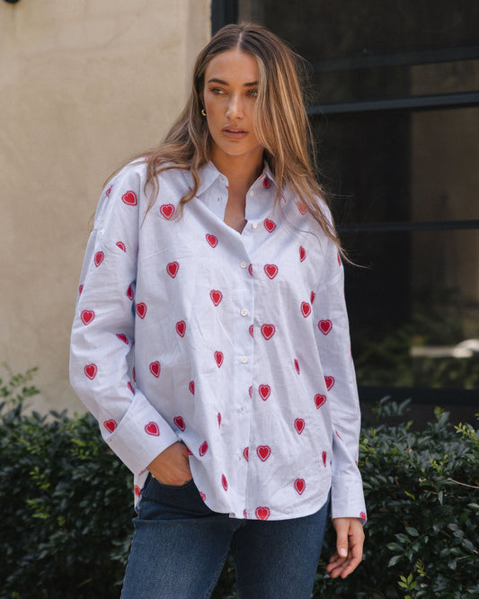 Image of Shirts. Productname: Betty Basics Sage Shirt Blue Heart Stripe in Blue Heart Stripe colour by brand - Betty Basics