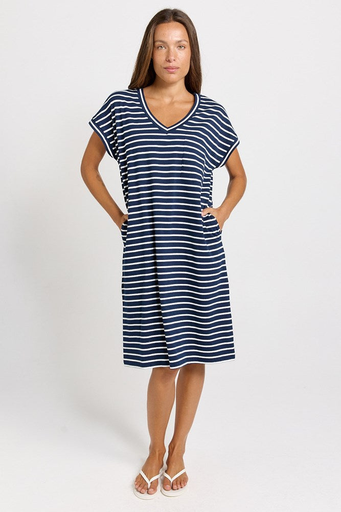 Image of Dresses. Product name - Zena Cotton T-Shirt Dress Navy Stripe in Navy Stripe colour by brand - Betty Basics