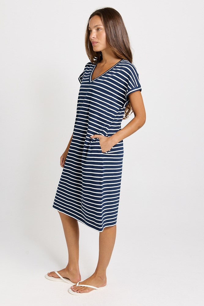 Betty Basics Zena Cotton T-Shirt Dress (Navy Stripe)