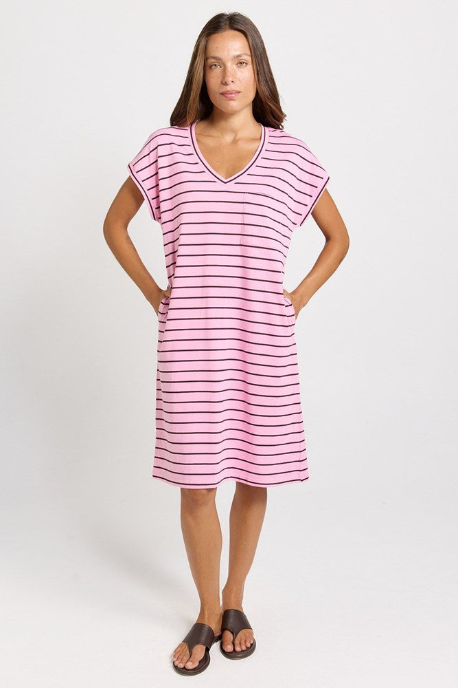 Betty Basics Zena Cotton T-Shirt Dress (Pink/Chocolate Stripe)