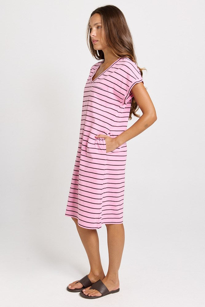 Betty Basics Zena Cotton T-Shirt Dress (Pink/Chocolate Stripe)