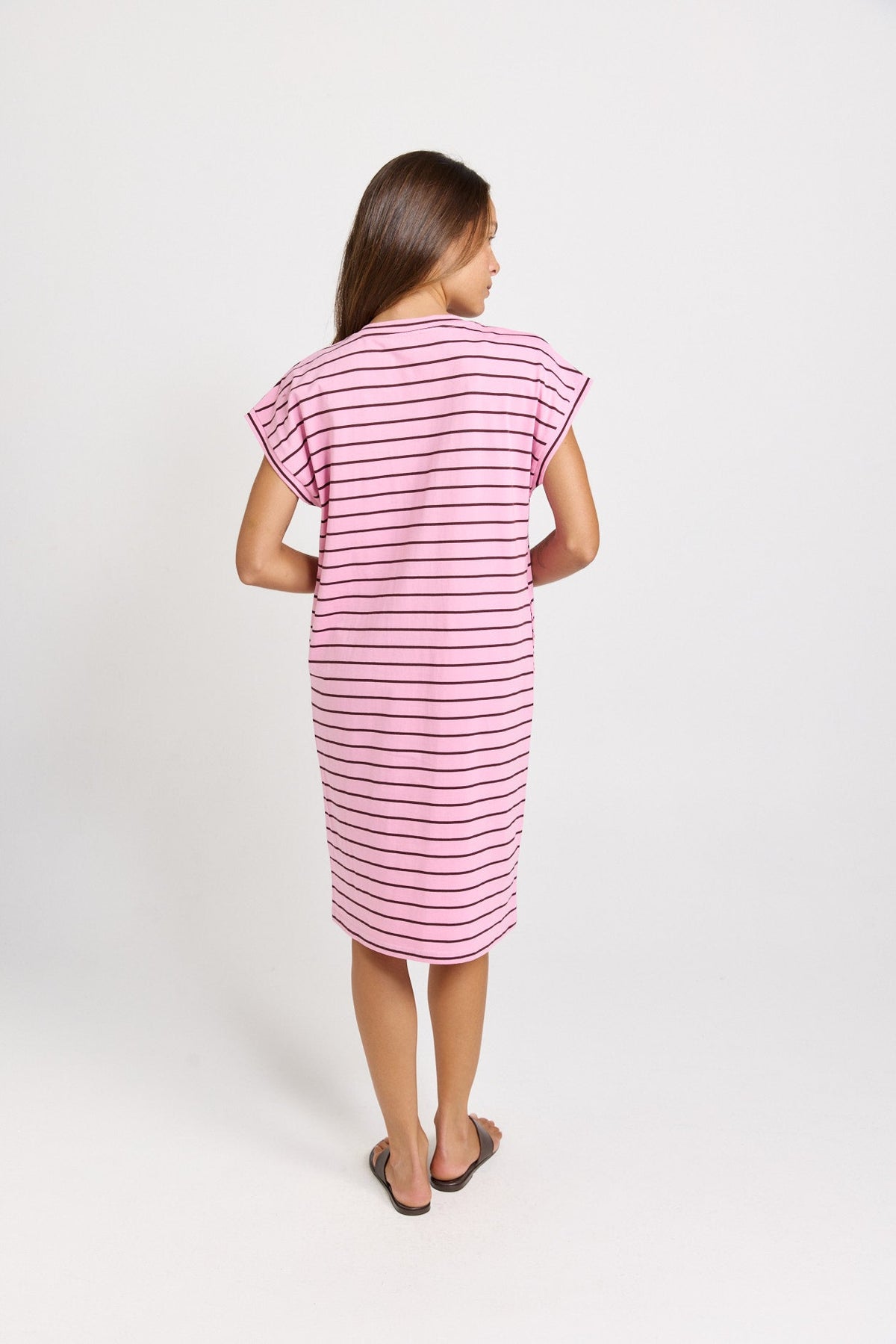 Betty Basics Zena Cotton T-Shirt Dress (Pink/Chocolate Stripe)