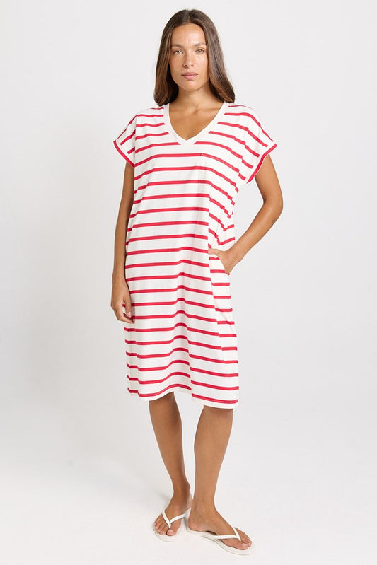 Image of Dresses. Product name - Zena Cotton T-Shirt Dress Red/White Stripe in Red/White Stripe colour by brand - Betty Basics
