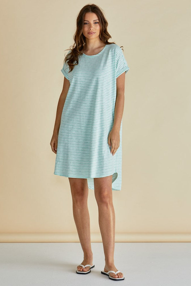 Image of a model wearing Tops. Productname: Betty Basics Maxine T-Shirt Dress Green Stripe in Green Stripe colour by brand - Betty Basics