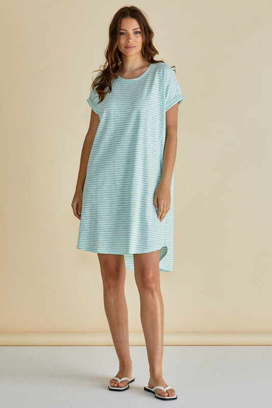 Image of a model wearing Tops. Productname: Betty Basics Maxine T-Shirt Dress Green Stripe in Green Stripe colour by brand - Betty Basics