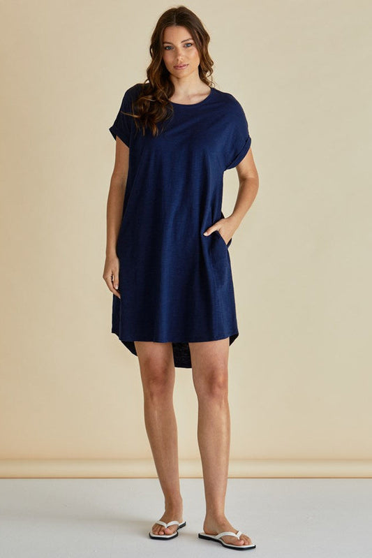 Image of a model wearing Tops. Productname: Betty Basics Maxine T-Shirt Dress Navy in Navy colour by brand - Betty Basics