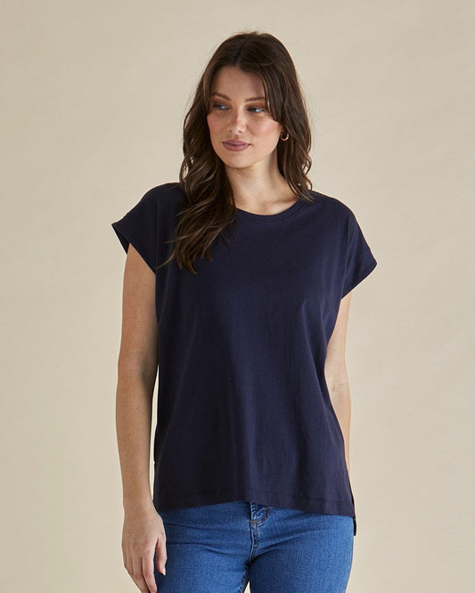 Image of a model wearing Tops. Productname: Betty Basics Michaela Tee Coal in Coal colour by brand - Betty Basics