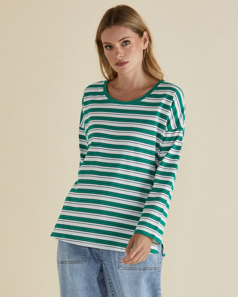 Image of a model wearing Tops. Productname: Betty Basics Taylor Tee Green/Navy/White Stripe in Green/Navy/White Stripe colour by brand - Betty Basics