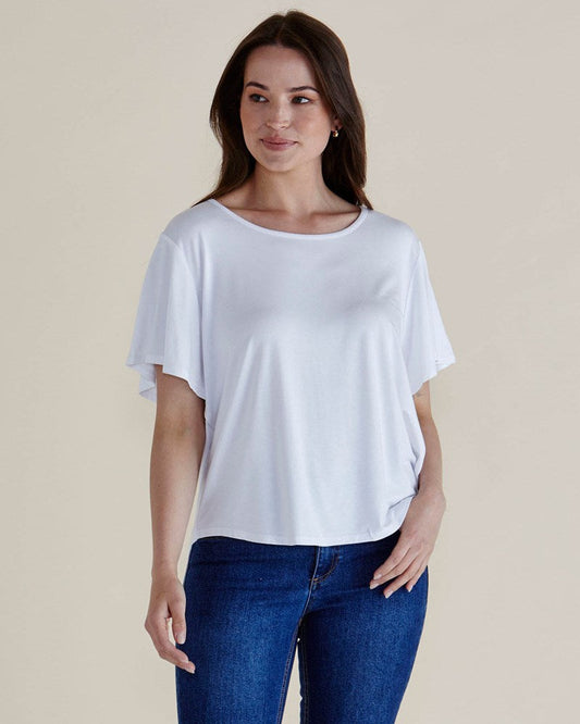 Image of a model wearing Tops. Productname: Betty Basics Everleigh Bamboo Tee White in White colour by brand - Betty Basics