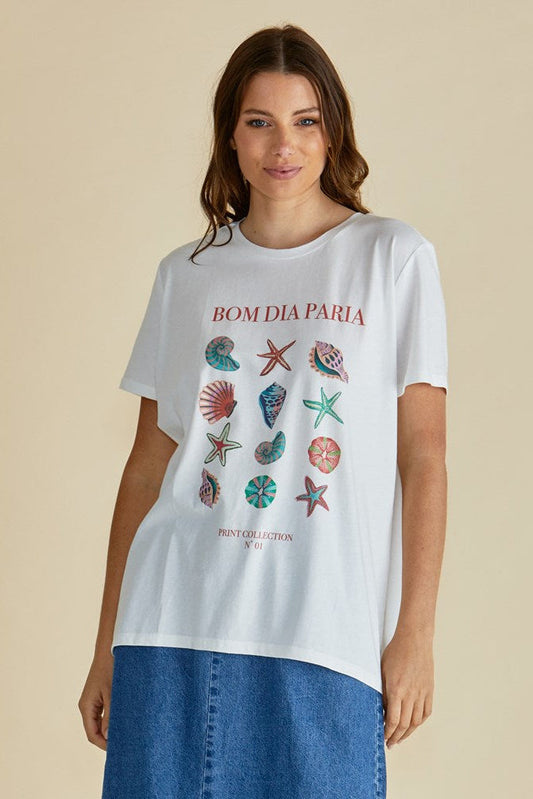 Image of a model wearing Tops. Productname: Betty Basics Ellia Crew Tee Bom Dia Paria Print in Bom Dia Paria Print colour by brand - Betty Basics