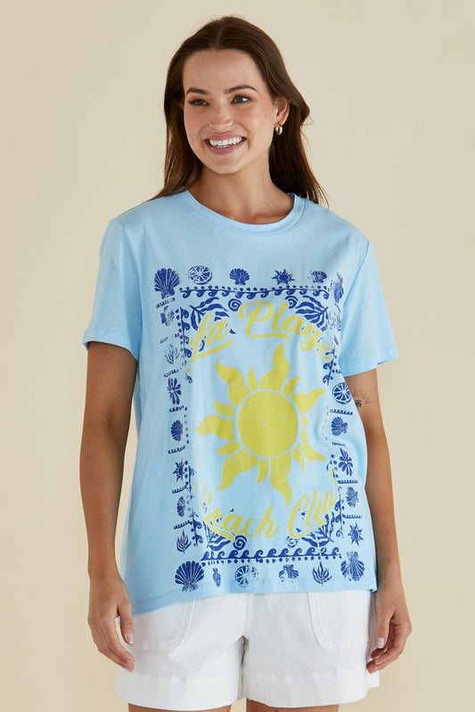 Image of a model wearing Tops. Productname: Betty Basics Ellia Crew Tee La Plage Print in La Plage Print colour by brand - Betty Basics