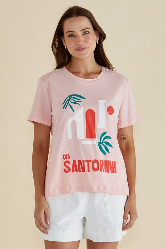 Image of a model wearing Tops. Productname: Betty Basics Ellia Crew Tee Santorini Print in Santorini Print colour by brand - Betty Basics