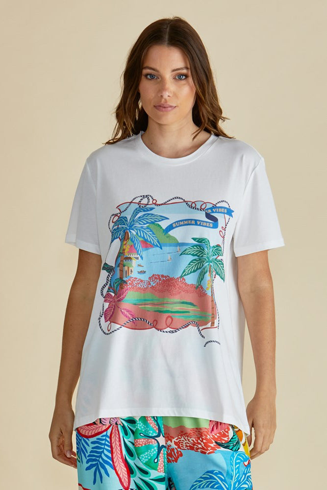Image of a model wearing Tops. Productname: Betty Basics Ellia Crew Tee Summer Vibes Print in Summer Vibes Print colour by brand - Betty Basics