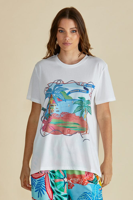 Image of a model wearing Tops. Productname: Betty Basics Ellia Crew Tee Summer Vibes Print in Summer Vibes Print colour by brand - Betty Basics