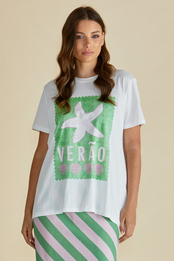 Image of a model wearing Tops. Productname: Betty Basics Ellia Crew Tee Verao Print in Verao Print colour by brand - Betty Basics