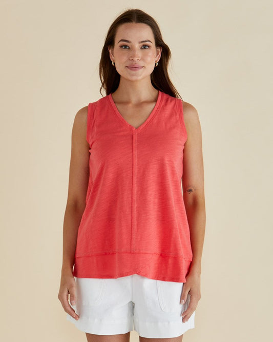 Image of a model wearing Tops. Productname: Betty Basics Mariah Tank Grapefruit in Grapefruit colour by brand - Betty Basics