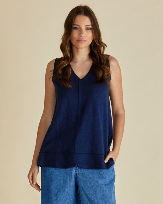 Image of a model wearing Tops. Productname: Betty Basics Mariah Tank Navy in Navy colour by brand - Betty Basics