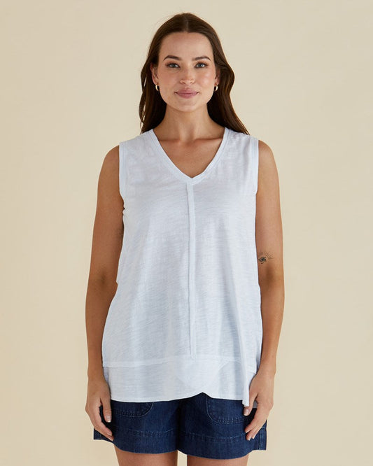 Image of a model wearing Tops. Productname: Betty Basics Mariah Tank White in White colour by brand - Betty Basics