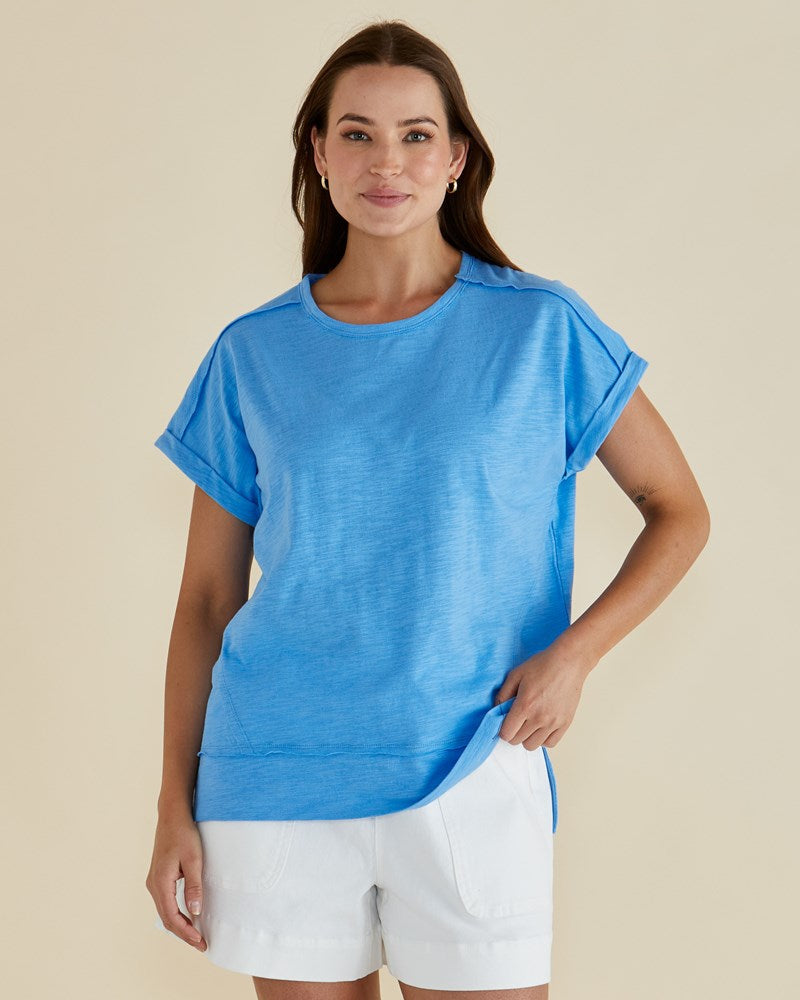 Image of a model wearing Tops. Productname: Betty Basics Shirley Short Sleeve Tee Blue in Blue colour by brand - Betty Basics