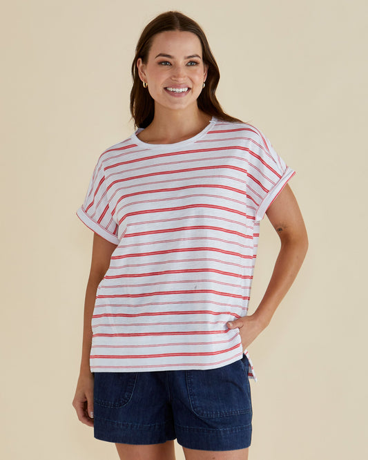 Image of a model wearing Tops. Productname: Betty Basics Shirley Short Sleeve Tee Grapefruit Stripe in Grapefruit Stripe colour by brand - Betty Basics