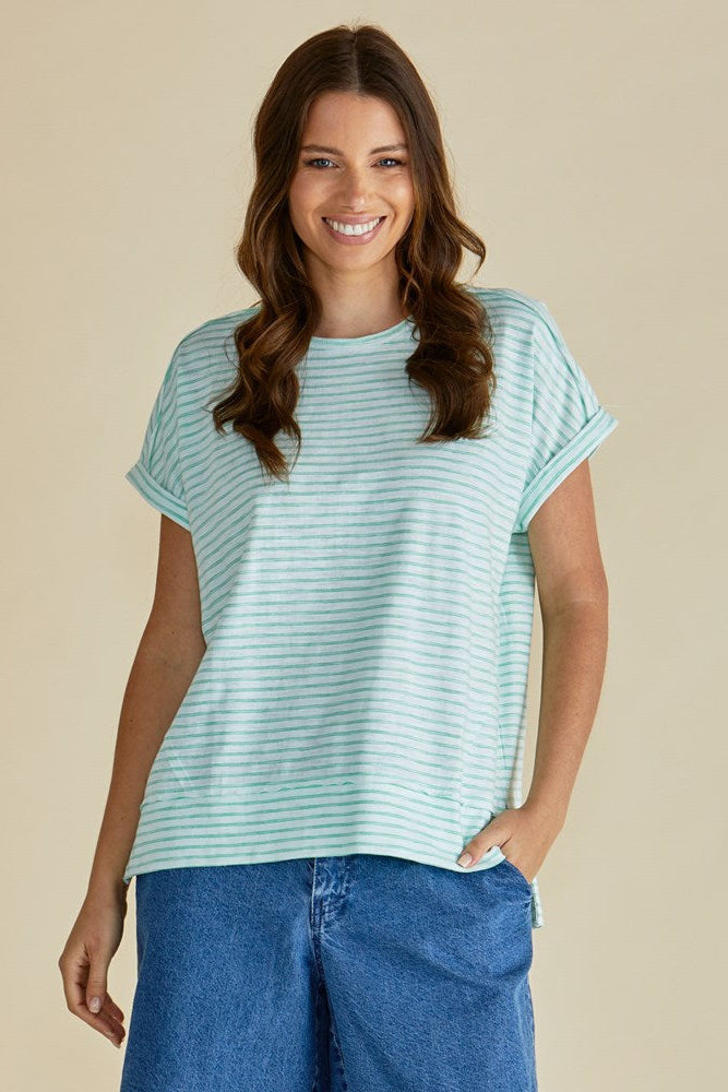Image of a model wearing Tops. Productname: Betty Basics Shirley Short Sleeve Tee Green Stripe in Green Stripe colour by brand - Betty Basics