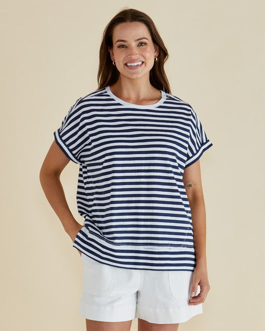 Image of a model wearing Tops. Productname: Betty Basics Shirley Short Sleeve Tee Navy Stripe in Navy Stripe colour by brand - Betty Basics