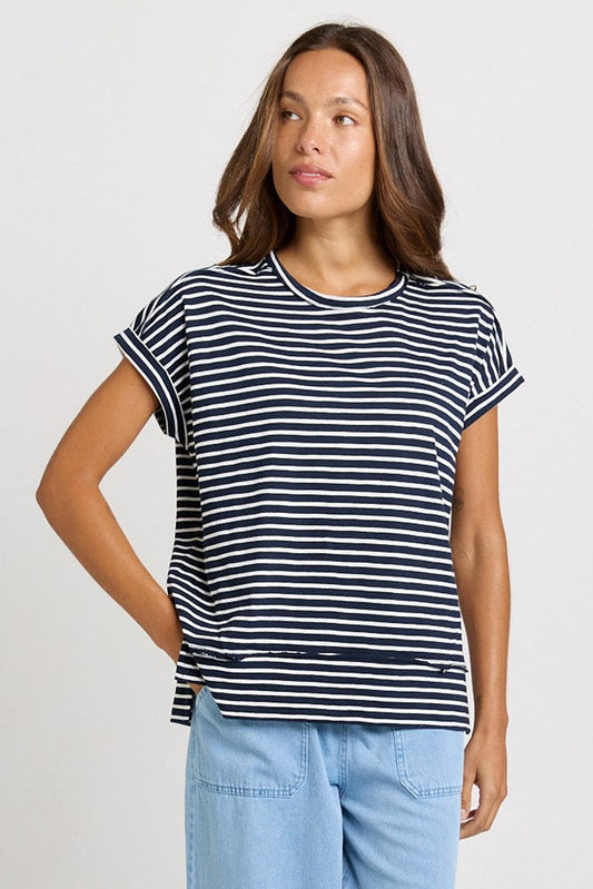 Image of T-Shirts. Product name - Shirley Cotton Slub Tee Navy Stripe in Navy Stripe colour by brand - Betty Basics