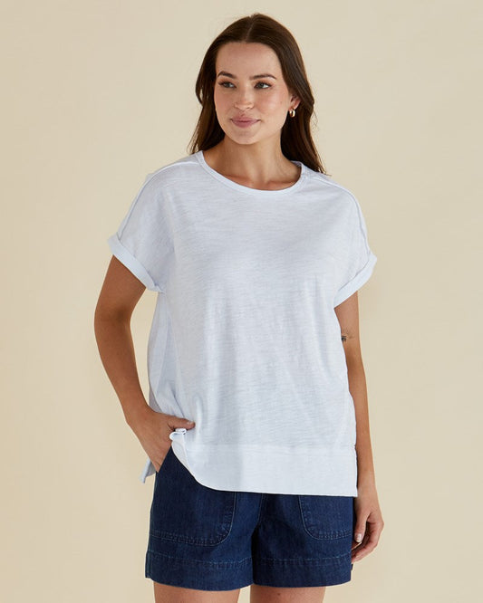 Image of a model wearing Tops. Productname: Betty Basics Shirley Short Sleeve Tee White in White colour by brand - Betty Basics