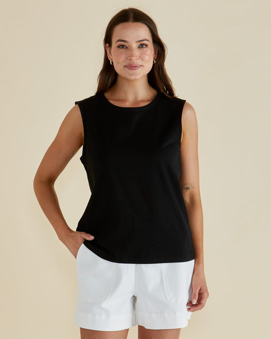 Image of a model wearing Tops. Productname: Betty Basics Jordyn Tank Black in Black colour by brand - Betty Basics
