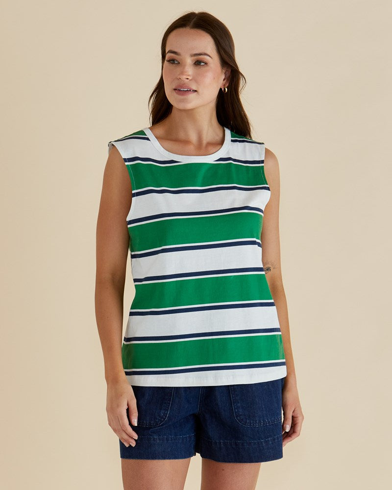 Image of a model wearing Tops. Productname: Betty Basics Jordyn Tank Navy/Green Stripe in Navy/Green Stripe colour by brand - Betty Basics