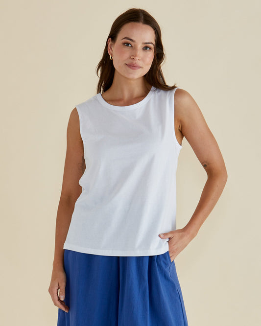 Image of a model wearing Tops. Productname: Betty Basics Jordyn Tank White in White colour by brand - Betty Basics