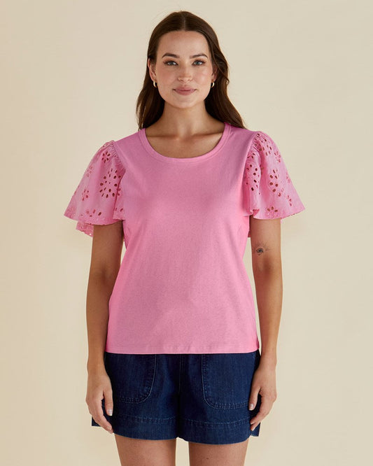 Image of a model wearing Tops. Productname: Betty Basics Lottie Embroidered Tee Pink in Pink colour by brand - Betty Basics