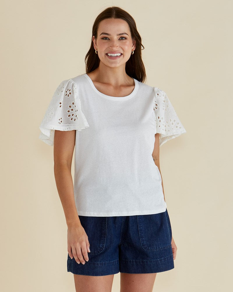 Image of a model wearing Tops. Productname: Betty Basics Lottie Embroidered Tee White in White colour by brand - Betty Basics